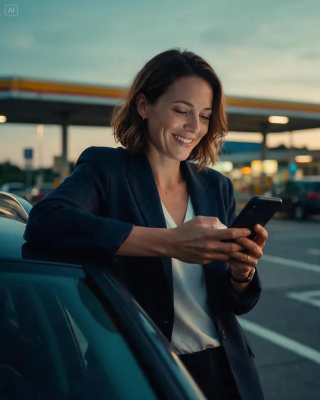 Eine Frau lehnt am Abend an ihrem Auto an einer Raststätte und lächelt auf ihr Handy.