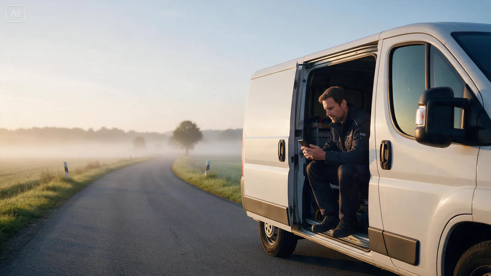 Ein Monteur sitzt frühmorgens in der offenen Seitentür seines Transporters und schaut auf sein Handy.